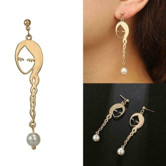 New Silhouette Face Dangle Gold Pearl Earrings - Picture 1 of 5